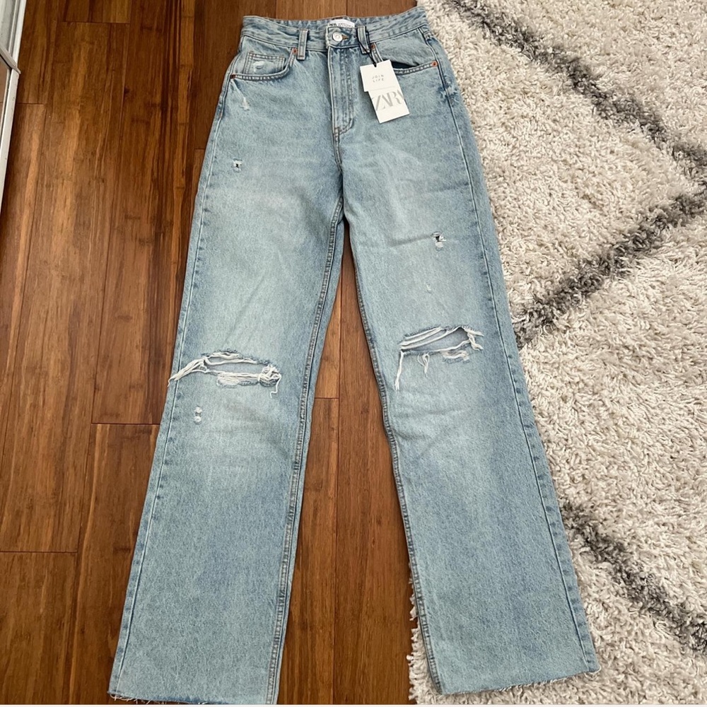 Zara Sky Blue Distressed Straight Jeans